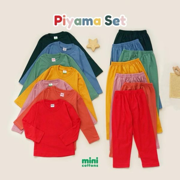 MINI COTTONS Setelan Piyama Set Baju Tidur Anak Kaos Polos Celana Motif Fashion - Image 3