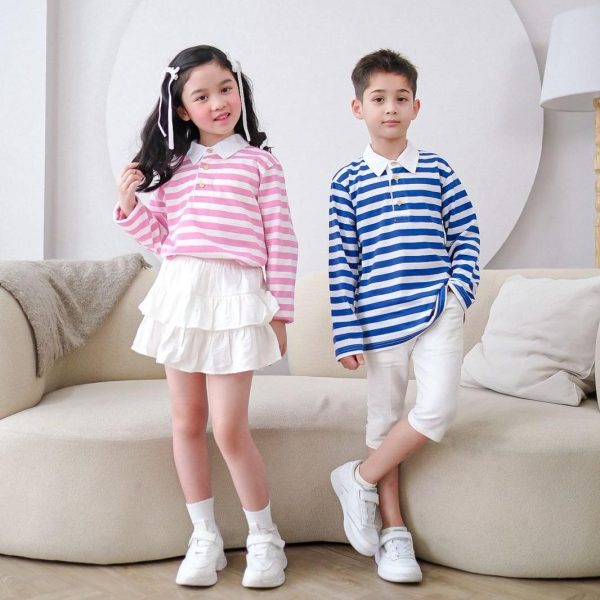 MINI COTTONS Long Sleeve Polo Stripe Tshirt Lengan Panjang Polo Salur Anak Unisex 1-12 Tahun - Image 2