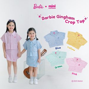 Barbie x Minicottons Kemeja Gingham Crop Top Baju Anak Perempuan 1-12 Tahun 100% Katun