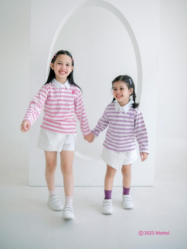 Barbie x Minicottons Long Sleeve Polo Stripe Tshirt Lengan Panjang Polo Salur Anak Unisex 1-12 Tahun - Image 2