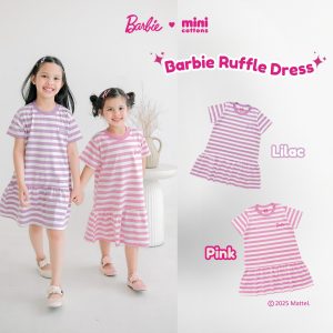 Barbie x Minicottons Stripe Ruffle Dress Salur Baju Anak Perempuan 3-10 Tahun