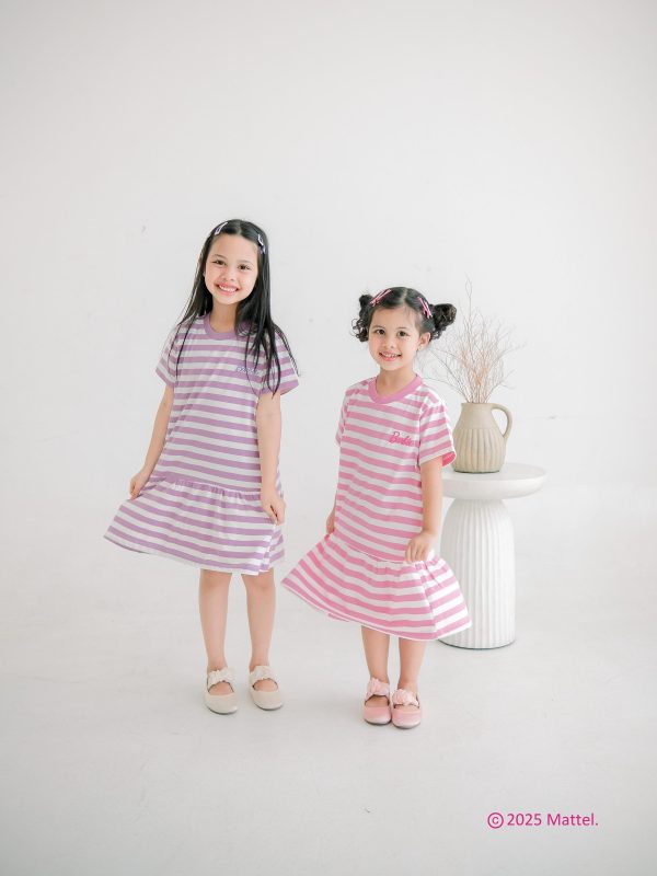 Barbie x Minicottons Stripe Ruffle Dress Salur Baju Anak Perempuan 3-10 Tahun - Image 2