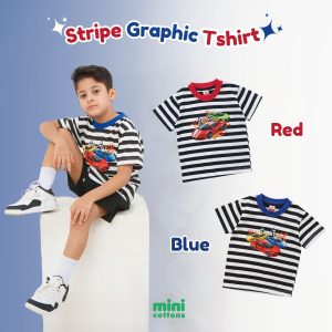 Minicottons Stripe Car Grafis Tshirt Salur Kaos Baju Anak Laki Laki 1-12 Tahun