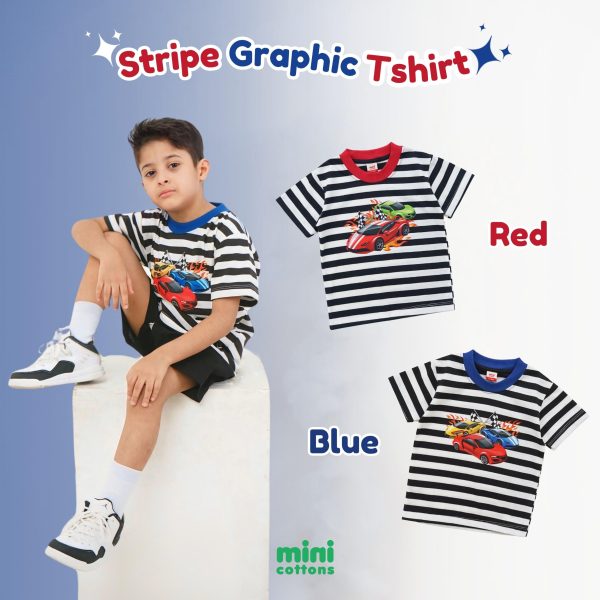 Minicottons Stripe Car Grafis Tshirt Salur Kaos Baju Anak Laki Laki 1-12 Tahun