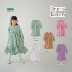 MINI COTTONS Dress Linen Baju Anak Perempuan Lengan Panjang Gamis Tunik